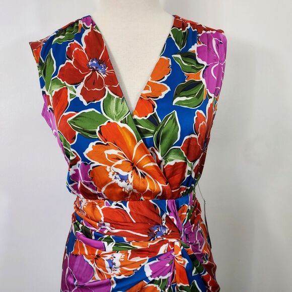 Maggy London Dress Sheath Size 6 Floral Sleeveless Blue Chilli V Neck Party NWT - Picture 5 of 16